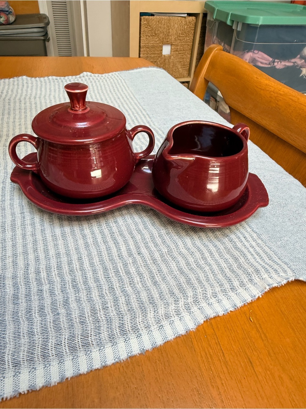 Fiesta Red Cinnabar Covered Sugar and Creamer Set on Tray